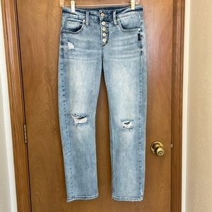 Silver Jeans Co Suki Straight Crop distressed button fly jeans, size W27/L27